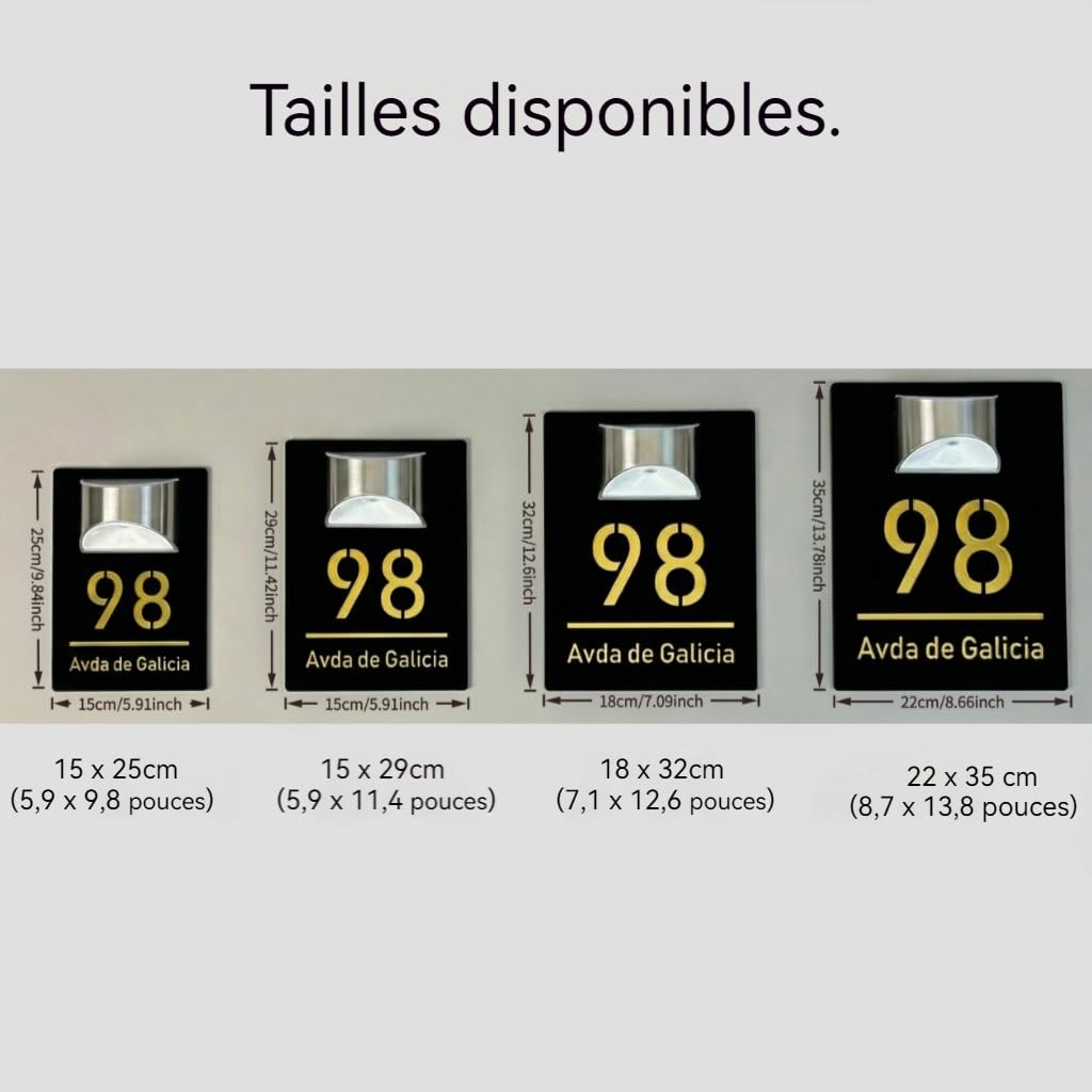 Plaque Numéro de Maison Extérieure Personnalisée Imperméable - Acrylique LED Solaire, 6 Polices - Pour Porte/Mur (4 Tailles au Choix : 15x25cm, 15x29cm, 18x32cm, 22x35cm)(Noir-Blanc)
