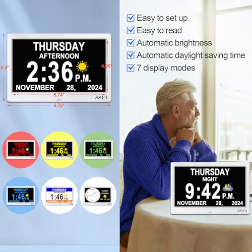 Image of SSYA Dementia Clock for Seniors, Digital Clock with Date and Day of Week, Auto DST, Non-Abbreviated Large Calendar Alarm Clocks (White)
