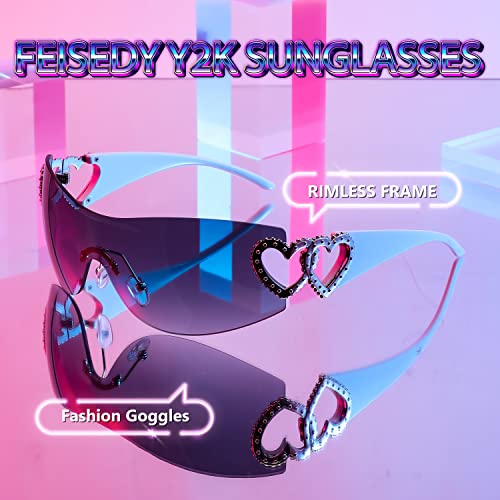 Image of FEISEDY Y2K Rimless Sunglasses Heart for Women Men Around Wrap Fashion Futuristic 2000s Trendy Shield B2981