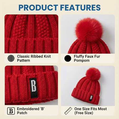 Image of Kraptick Women's Winter Cap - Knit Beanie with Soft Fleece Lining Hat, Stylish Pom Pom Thick Woollen Skull Cap, Warm Hat for Ladies & Girls -3