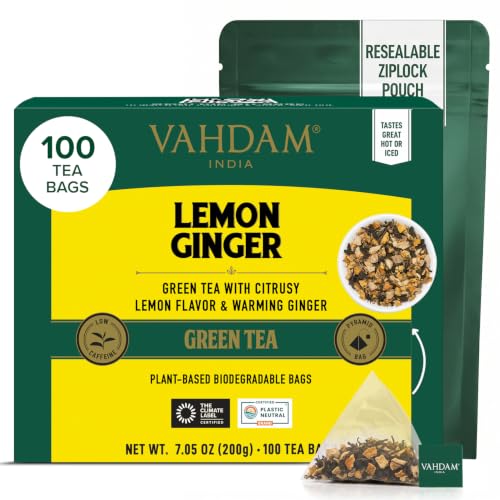 VAHDAM Lemon Ginger Green Teabags (100 Count) Zesty Blend Pyramid Teabags