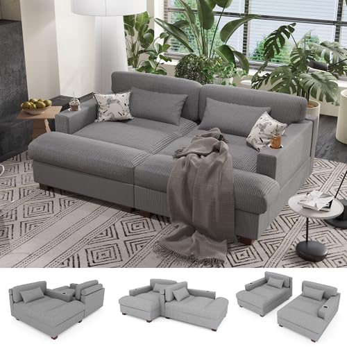 Ribilake Cozy Oversized Double Chaise Lounge Chair Indoor with Dual Cup Holders, 84 Inch Fluffy Comfy Oversized Loveseat Couch, Plush Corduroy Sleeper Sofa Bed for Living Room, Bedroom, Gray
