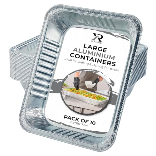 ROVARIO 10 Pack Large Aluminium Foil Trays Deep (3500ml) - Tin Foil Food Containers for Cooking Baking Roasting and BBQ (32x26x7)