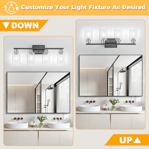 Image of Unicozin Modern Bathroom Light Fixtures, 4 Light Vanity Lights Over Mirror, Black and Brushed Nickel Wall Lamp with Clear Glass for Living Room Cabinet Bedroom Porch