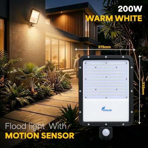 Image of Forus 200W LED Flood Light Warm White with Motion Sensor Auto On Off Day Night Mode Waterproof Outdoor Security Light for Garden Parking Garage Factory Warehouse Shop Floodlight 4Yr Warranty -1 PC