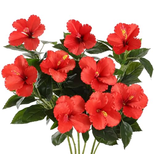 Hotop 3 Pack Artificial Hibiscus Flowers 33x13 Silk & Plastic Tropical Bouquets Lifelike Blooms with Bendable Stems Faux Hawaiian Flowers for Home Living Room Wedding Patio (Red)