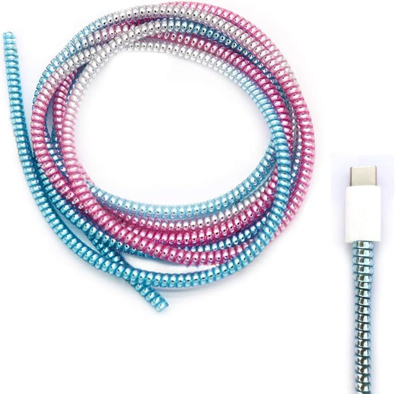 Image of Spiral Cable Protector, 150cm Cord Organizer for iPhone and Android Cables, Headphone and Charger Wire Protection Cover, Universal Device Compatible (Silver-Pink-Blue)