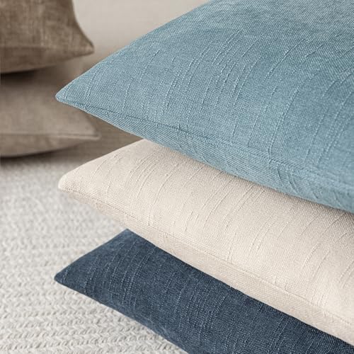 Image of Foindtower Pack of 2 Textured Chenille Throw Decorative Pillow Covers Square Accent Solid Cushion Cover Neutral Farmhouse Pillow Case for Couch Sofa Bedroom Living Room 20x20 Inch,Sky Blue