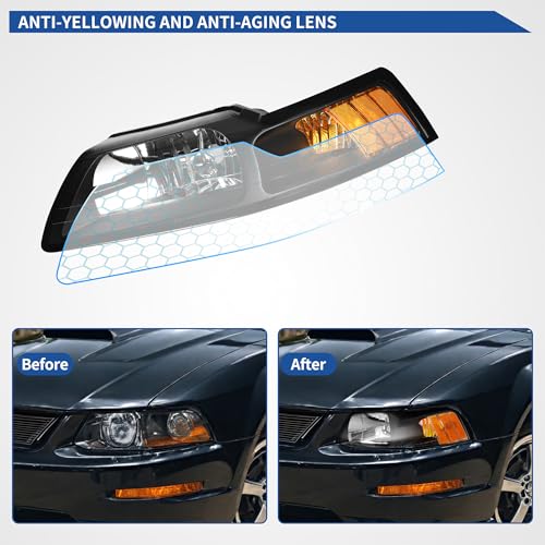 Image of OEDRO Headlight Assembly Compatible with 1999-2004 99 00 01 02 03 04 Ford Mustang, Headlamp with Amber Reflector, Black Housing Clear Lens