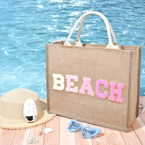 Bolso playero grande para mujer de paja tejida con parches de chenilla miniatura 3