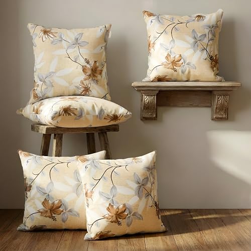 Image of Clasiko 16x16 Cushion Covers - Set of 5 Soft Cotton-Feel Decorative Pillow Covers | Golden Blossom, Flap Closure, Perfect for Sofa & Living Room
