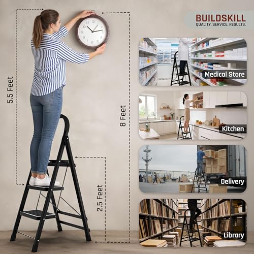 Image of BUILDSKILL Black 3 Step Ladder for Home Use with Built-in Tool Tray | Heavy Duty D Shape Rods | 20 x 30 cm Large Step with Rubber Pad | Secure Lock | 150Kg Capacity Foldable Ladder - 5 Years Warranty