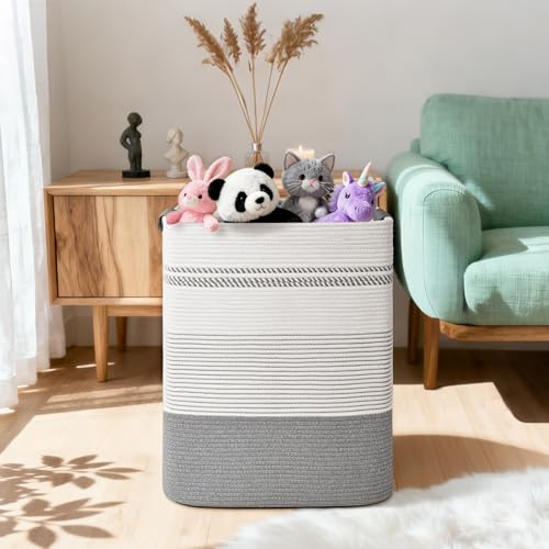 Image of Laundry Hamper, 85L Tall Laundry Basket with Leather Handles, Rectangle Large Clothes Hamper for Organizing, Cotton Woven Laundry Baskets Storage Hampers for Bedroom, Nursery, Living Room