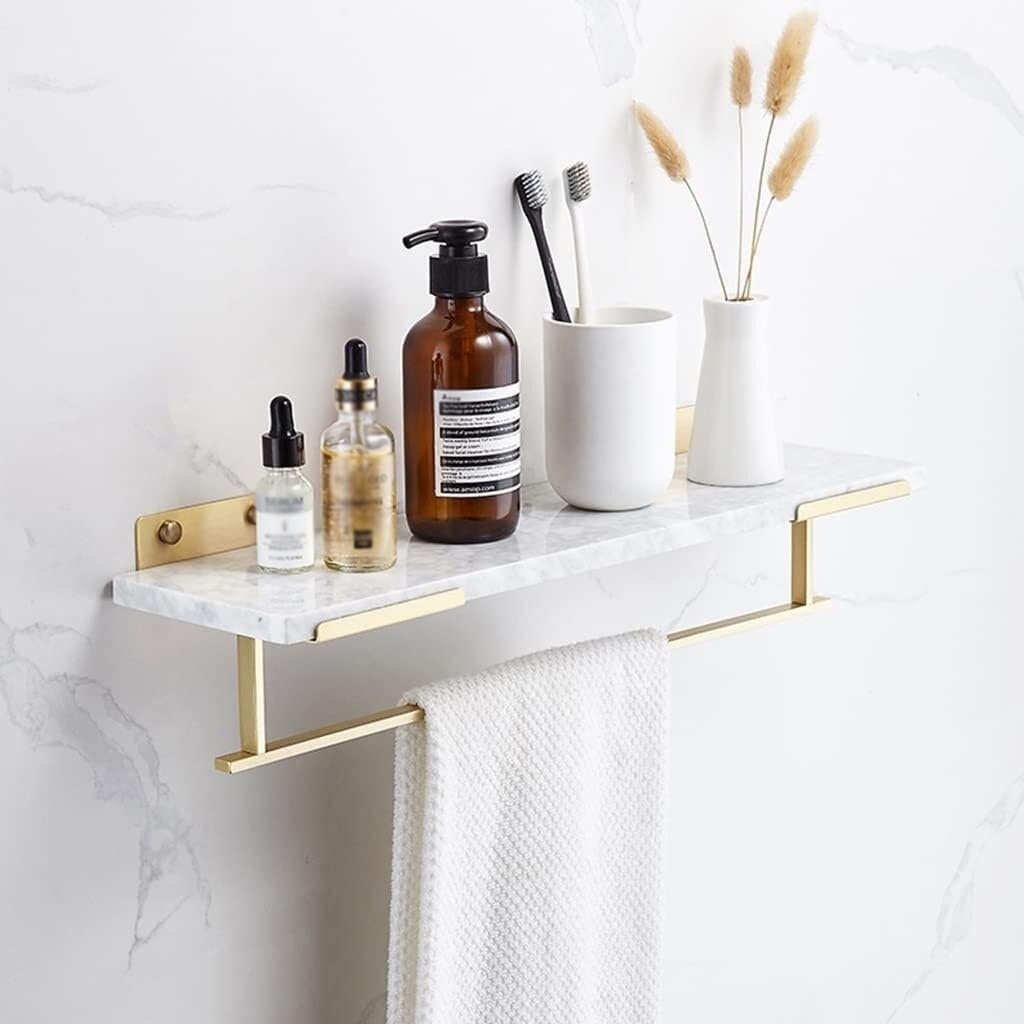 Nordic Floating Shower Caddy Shelf 40cm Brushed Brass Marble Wall Mounted Organizer for Bathroom Kitchen Storage White Marble
