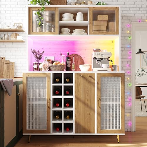 Meuble de Rangement avec Lumières LED, Placard de Cuisine, avec Prise électrique intégrée, 4 Portes, 1 Tiroirs, 120 x 40 x 170 cm, Étagères Réglables,...