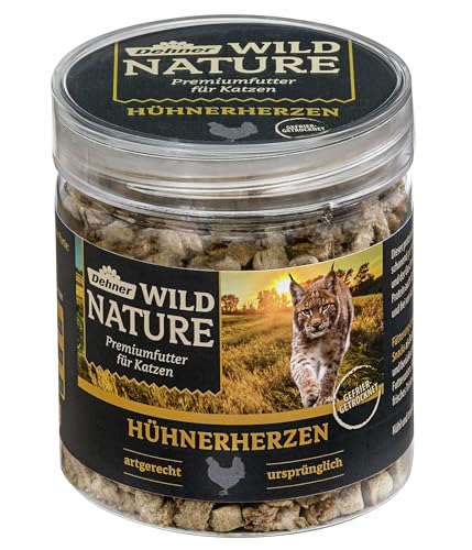 Dehner Wild Nature Katzensnack, Premium Leckerli glutenfrei / zuckerfrei, für ernährungssensible Katzen, gefriergetrocknet, Hühnerherzen, 6 x 20 g (120 g)