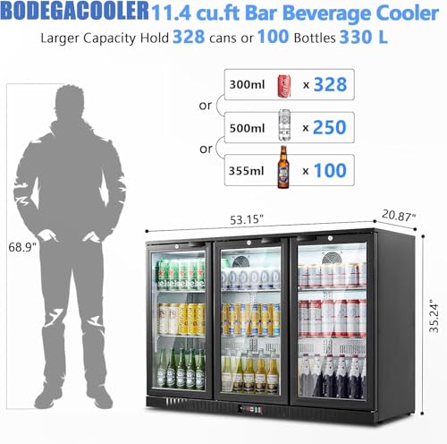 BODEGA BODEGACOOLER Commercial Bar Cooler With 3 Glass Doors,11.4 Cu.Ft Under Counter Beverage Refrigerator,Back Bar Refrigerator,Commercial Display Drink Fridge,LED Lighting Beer Wine Soda Drinks
