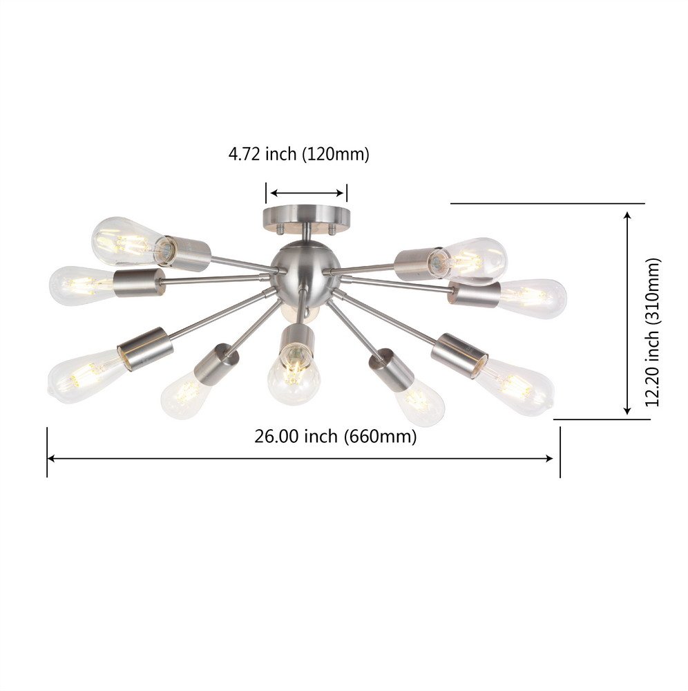 BONLICHT Sputnik żyrandol ze szczotkowanego niklu, montaż podtynkowy, lampa sufitowa, nowoczesna lampa wisząca do kuchni, salonu, jadalni, łóżka, korytarza, 10 lampek