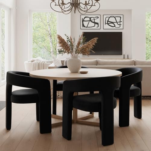 Image of HNY Modern Kitchen & Dining Room Chairs Set of 4, Velvet Upholstered Accent Barrel Chairs with Arm, 18.5'' Wide Side Armchair Vanity Chairs for Living Room Bedroom Makeup Small Spaces, Black