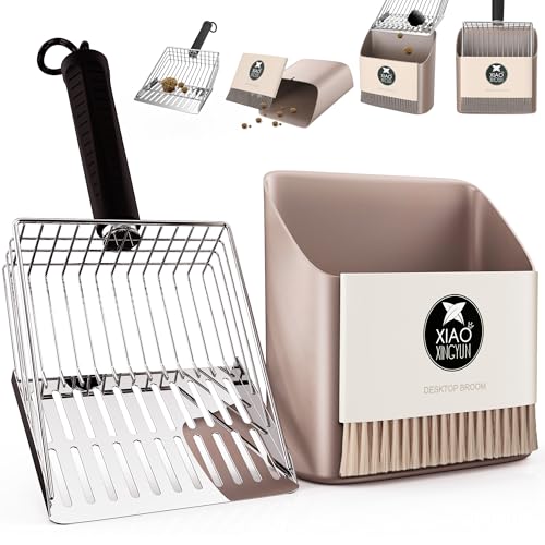 Cat Litter Scooper with Holder, Metal Litter Scoop Includes Portable Small Broom and Dustpan Set, Heavy Duty Stainless Steel Litter Scoop with Coarse and Fine Grid, Quick Sift and Easy Clean