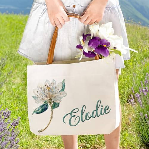 CALLIE Personalized Canvas Tote Bag with Birth Flower and Name, Shoulder Bag with Leather Handle, Travel Essentials Teacher's Day Mother's Day Birthday Gift for Women3