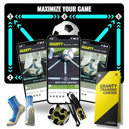 GRANTY Alfombra Entrenamiento Futbol CON APP - Incluye Kick Throw + Calctines + Bolsa + App de Entrenamiento con Videos Interactivos - Alfombra Futbol Entrenamiento
