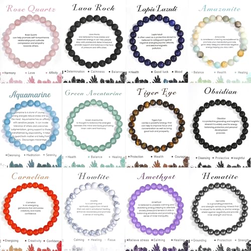 EIELO 12Pcs Crystal Stone Bracelets for Women Men Semi-Precious Gemstone 8MM Beaded Bracelets Natural Crystal Energy Stone Stretch Bracelet Set Jewelry Gift