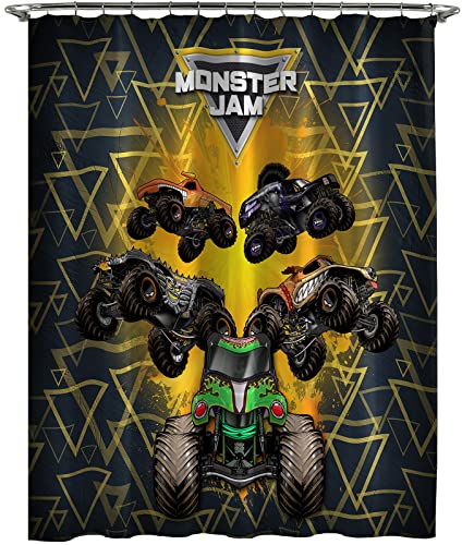 Monster Jam Gold Triangles Shower Curtain & Easy Care Fabric Kids Bath Curtain Features Grave Digger, Megalodon, & El Toro Loco (Official Monster Jam Product) #TOP9
