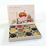 Spiceroots Comfort Kit. Geschenkbox mit 12 Wohlfühl-Gewürzen. 4 Rezepte. Gewürzgläschen. Nachhaltiges Paperwise-Material. Handgezeichnete Illustrationen.