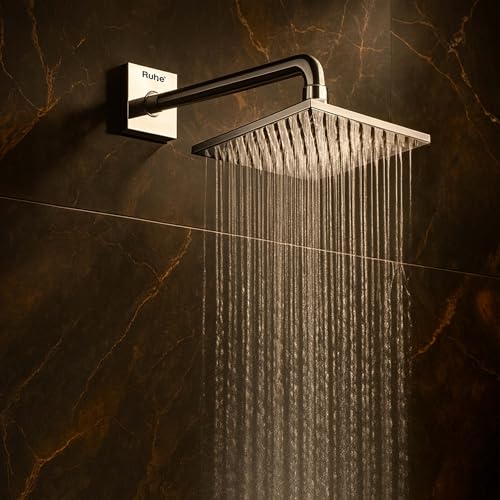 Image of Ruhe Rain Joy 304-Grade Stainless Steel Overhead Shower with Chrome Finish | 8x8 Inches Rain Shower for Bathrooms | Powerful Square Showerhead with Easy-to-Clean Silicone Nozzles | WITHOUT SHOWER ARM