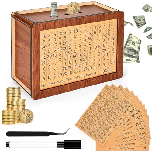 Revhq Wooden Money Saving Box Cash Vault Piggy Bank For Kids Adults 10000 Savings Challenge Box With10 Targets $10000 $5000 $3000 $2000 $1000 $500 Challenges