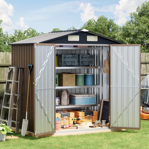Image of Breezz 4X6FT Outdoor Steel Storage Shed with Frame Floor,Lockable Doors, Weather-Resistant Metal Tool Shed for Garden, Backyard, Patio, and Utility Storage