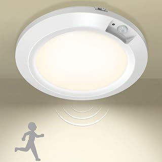 Veilleuses LED à Piles avec Détecteur de Mouvement, Lampe Plafond à Pile Sans Fil Plafonnier LED Eclairage Intérieur pour Balcon Sous-sol Atelier Escalier Garde-Manger - 3000k, Blanc Chaud
