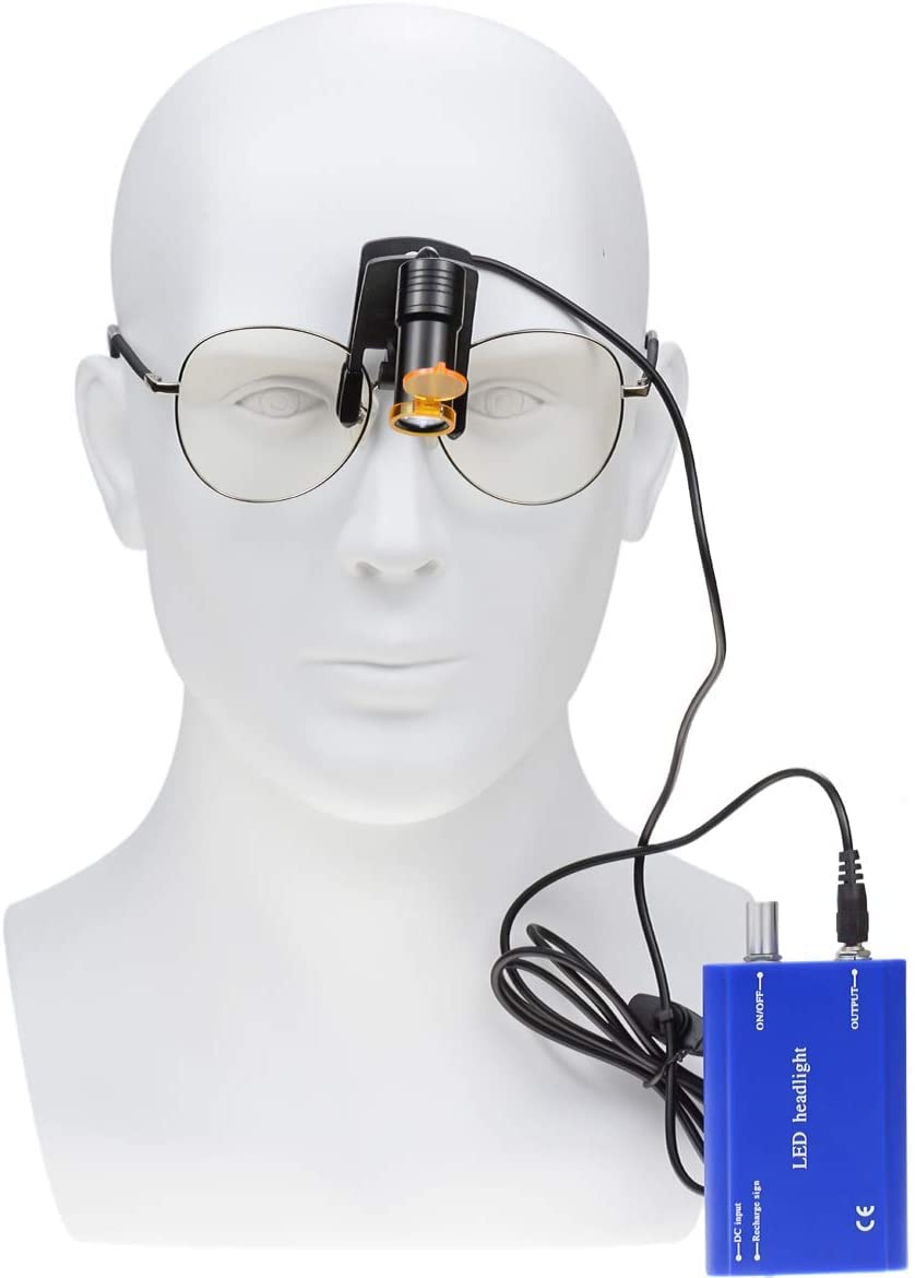 Mike Dental Lampe frontale LED portable 5 W avec filtre pour loupes jumelles + batterie en plastique à clipser Bleu