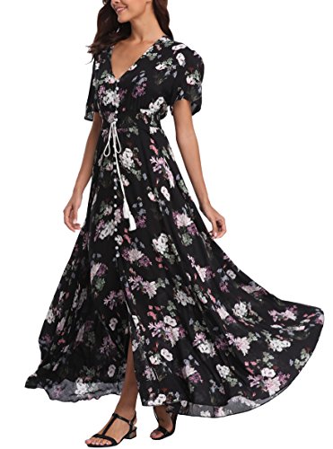 VintageClothing Women's Floral Maxi Dresses Boho Button Up Split Summer Casual Long Dress Beach Party Dress2