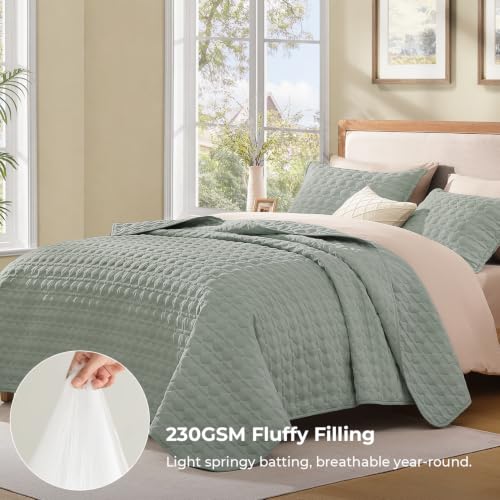 Image of Litanika King Quilt Bedding Set, 3 Pieces Light Green Bedspreads Set
