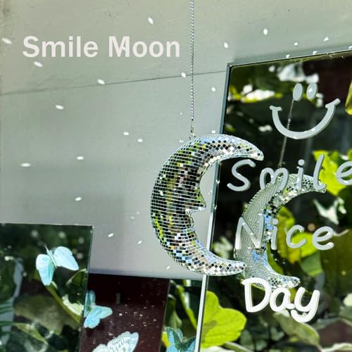 Image of Disco Ball Moon Decor 8.6'' Silver Crescent Hanging Ornament with Chain | Reflective Disco Moon with Metal Chain and Hook, Crescent Decor for Wall, Window Hanging , Bedroom, Bar, and Holiday Decor