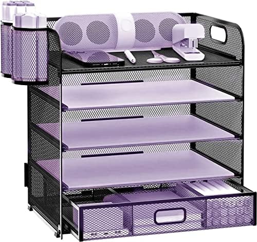 5 Slot Desk Organizer Tray,Desktop File Organizer with Handle, Letter Tray Paper Organizer with Drawer and Pen Holders, Mesh Office Supplies File Holder, for Home, Office, or School, Black