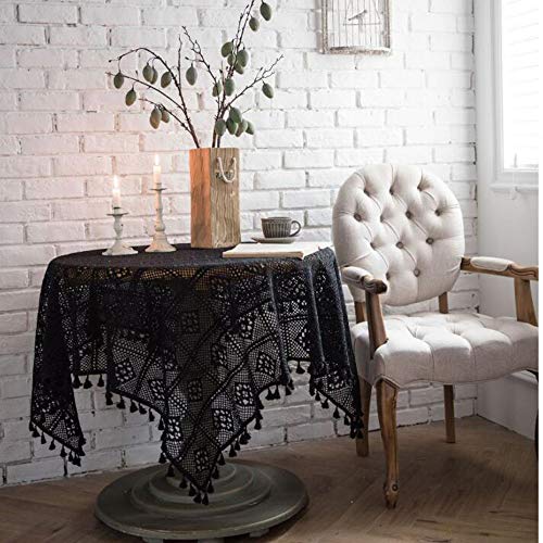 HUALEMEI Crochet Fait Main Macrame Cotton Woven Hollow Table Cover avec Glands pour Kitchen Dinning Tabletop Sheet,Nappe Noire Ronde De Dentelle Noir 60 * 60cm(24 * 24inch) Cover