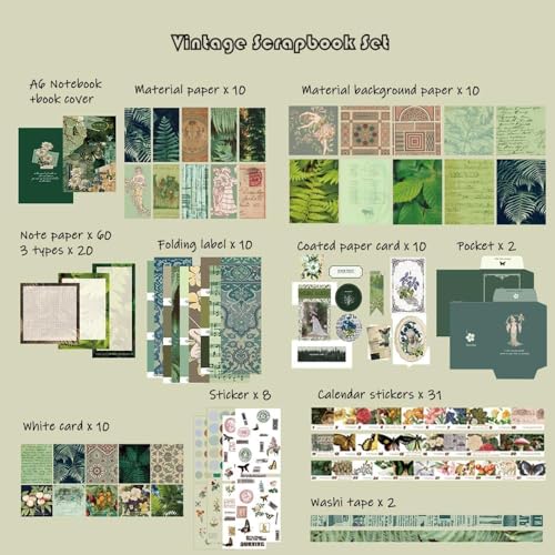 Image of Paper Vintage Aesthetic Scrapbook Kit(346Pcs) Scrapbooking Supplies Kit With Bullet Junk Journal,Stationery,A6 Grid Notebook Journaling Gift For Girl (Green Butterfly Scrapbook)
