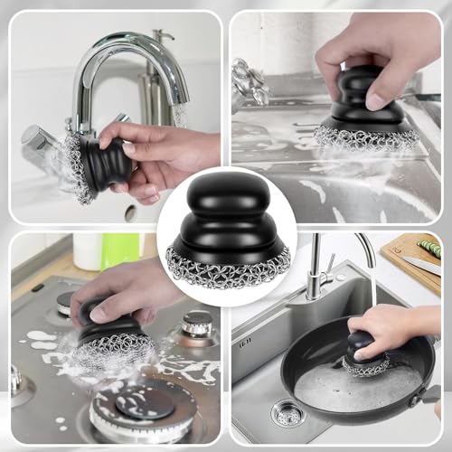 Image of Cast Iron Scrubber (2 x Black Coarse Mesh) and and Scraper, Chain Mail Scrubber for Cleaning Stock Pots, Pans, Griddles, Grills, Cast Iron Skillets, Dish Scouring Pads