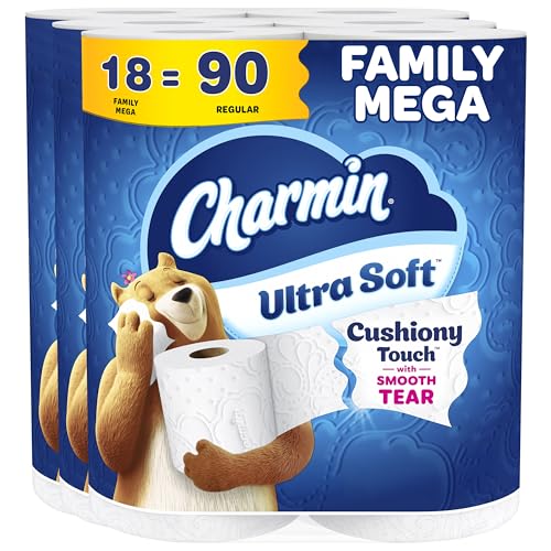 Charmin Ultra Soft Cushiony Touch Toilet Paper, 18 Family Mega Rolls = 90 Regular Rolls