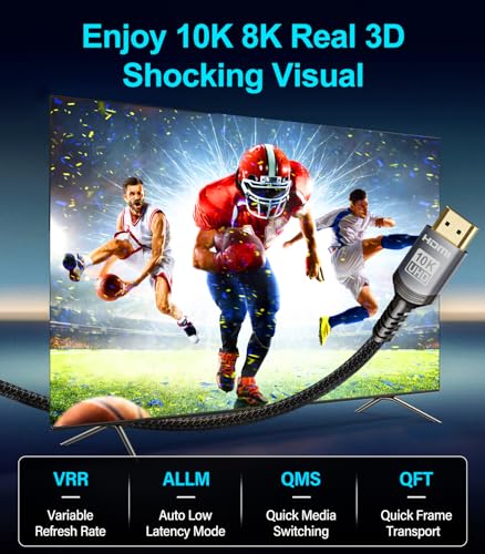 Image of Sniokco 10K 8K 4K HDMI 2.1 Cable 1M Certified 48Gbps Ultra High Speed HDMI | Support 0.01ms 4K 240Hz 165Hz 120Hz 8K 60Hz eARC Netflix HDCP 2.3 2.2 DTS:X HDR10+ TV Laptop Monitor Projector Roku Sky-Q