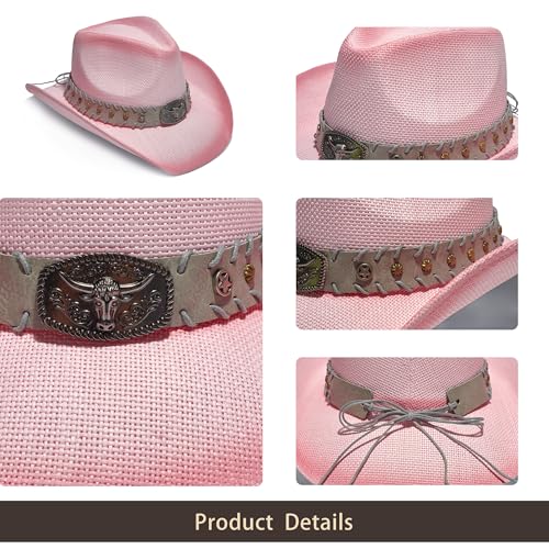 Image of YOUBADU Western Straw Cowboy and Cowgirl Hats with Decorative Bands - Unisex Wide Brim Raffia Style Sun Hat