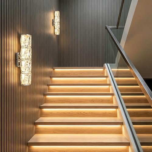 Image of Crystal Wall Sconce Dimmable LED with Remote for Bedroom Bathroom | Hardwired, 2700K-6000K Tunable, K9 Crystal, Chrome Modern Vanity Lighting for Stairway Hallway Bedside