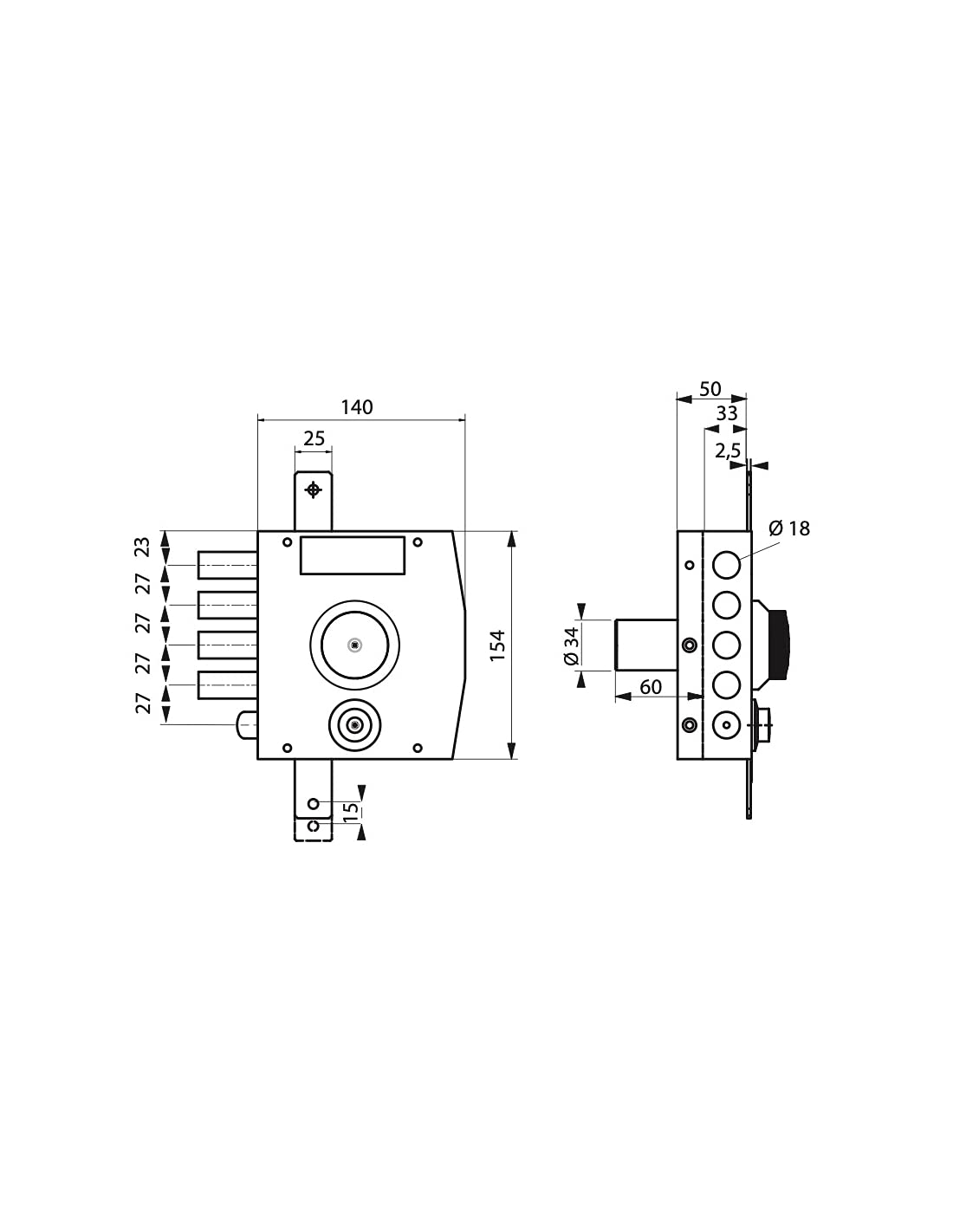 THIRARD - Serrure en Applique à Bouton pour Porte d'Entrée - Gauche - 3 Points - Coffre et Gâche Acier - Verrouillage à Trois Points - 154 x 140 mm - Noir - 5 Clés Incluses