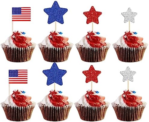 4. Juli Cupcake Topper Set – 36 Stück, Rot Glitzernd, Für Unabhängigkeitstag & Patrioten-Partys