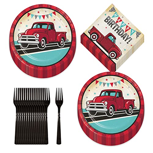 Vintage Red Truck Party - Classic Red Pickup & Old Pump Station Paper Dinner Plates, Birthday Luncheon Napkins, and Forks (Serves 16)