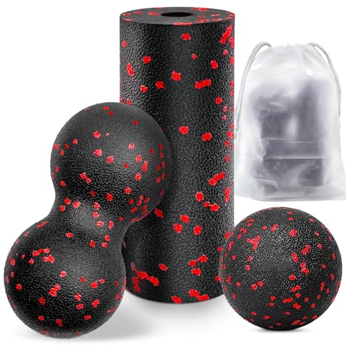 Kisvic Pelota de fascia y pequeño rollo de masaje, juego de bolas de masaje para aliviar el estrés y relajar los músculos, doble bola para columna vertebral, pie, cuello y espalda (rojo)