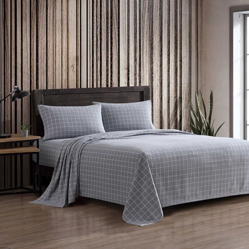 Image of Eddie Bauer - Queen Bed Sheets, Cotton Flannel Bedding Set with Matching Pillowcases, Brushed for Extra Softness, Deep Pocket, Oeko-Tex Certified (Great Plains Plaid Grey)